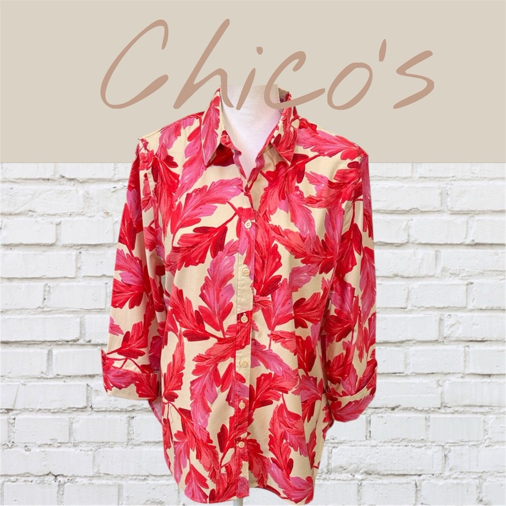 Chico’s No Iron Stretch Leaf Print Button Down Blouse